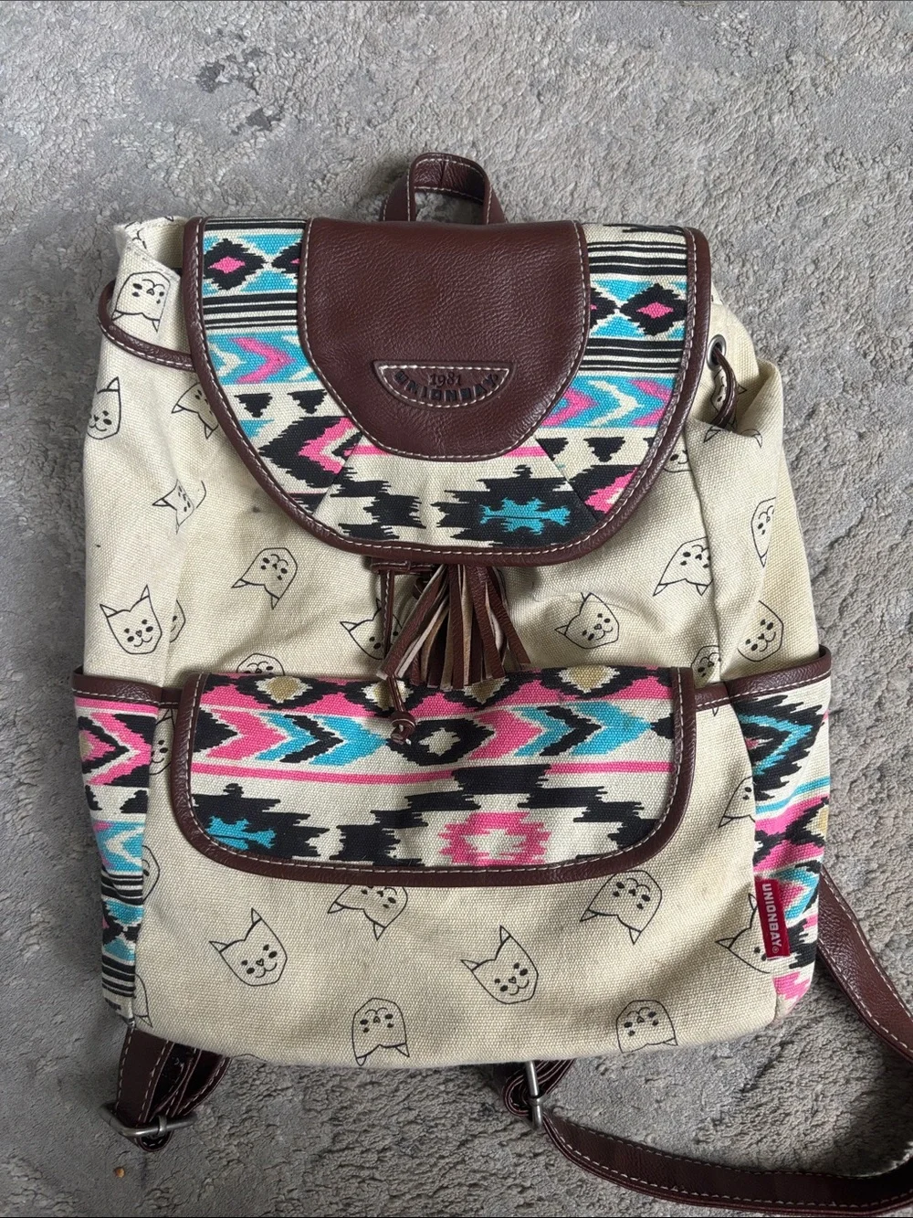 UNIONBAY Cream Canvas Backpack with Pink & Teal Aztec Trim